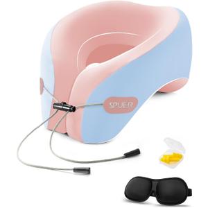 Travel Pillows for Airplanes, Neck Pillow Airplane, Airplane Travel Accessories with Eye Mask, Earplugs & Storage Bag, Memory Foam Neck Pillow for Sleeping, Flights, Cars, Office (Blue & Pink) (Adult Large)