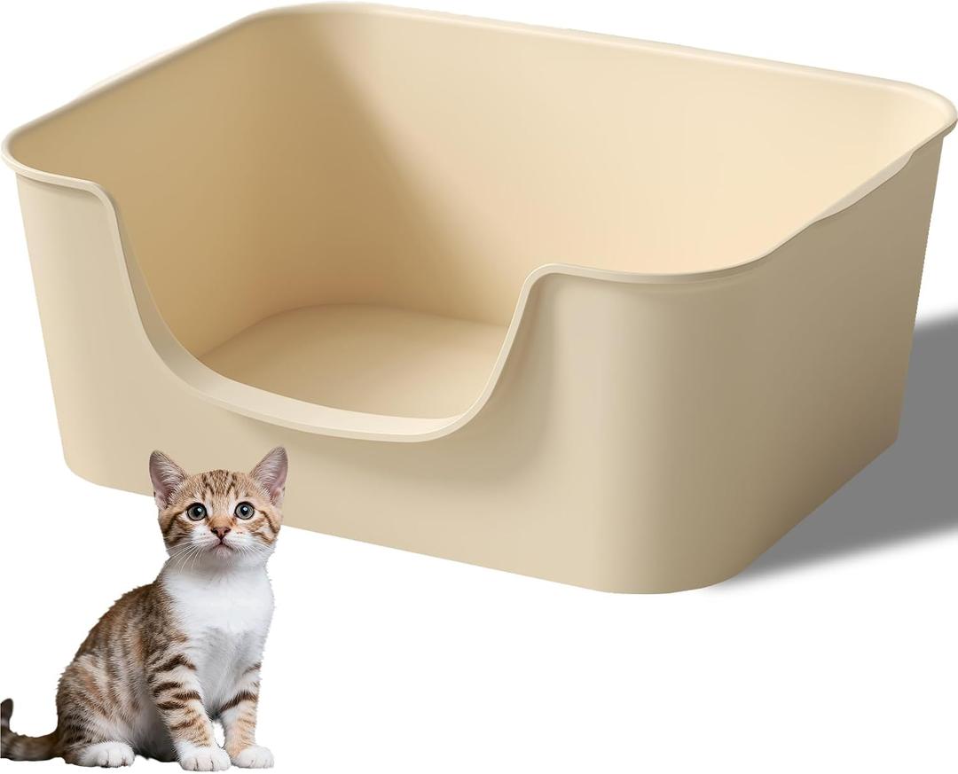Low Entry Cat Litter Box with High Sides - Open-Top Anti-Splash, Durable Easy-Clean Pan for Kittens, Munchkin Cats, Senior Medium-Sized Cats & Small Pets (Rabbits), 19.3”x13.3”x7.8” Beige