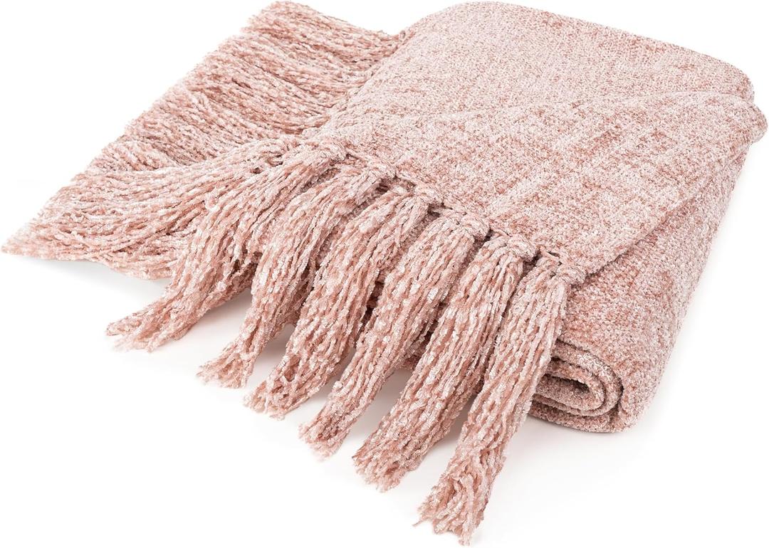 Pavilia Blush Pink Chenille Throw Blanket for Couch & Bed, Soft Knit Woven with Tassels, Textured for Living Room, 60x80