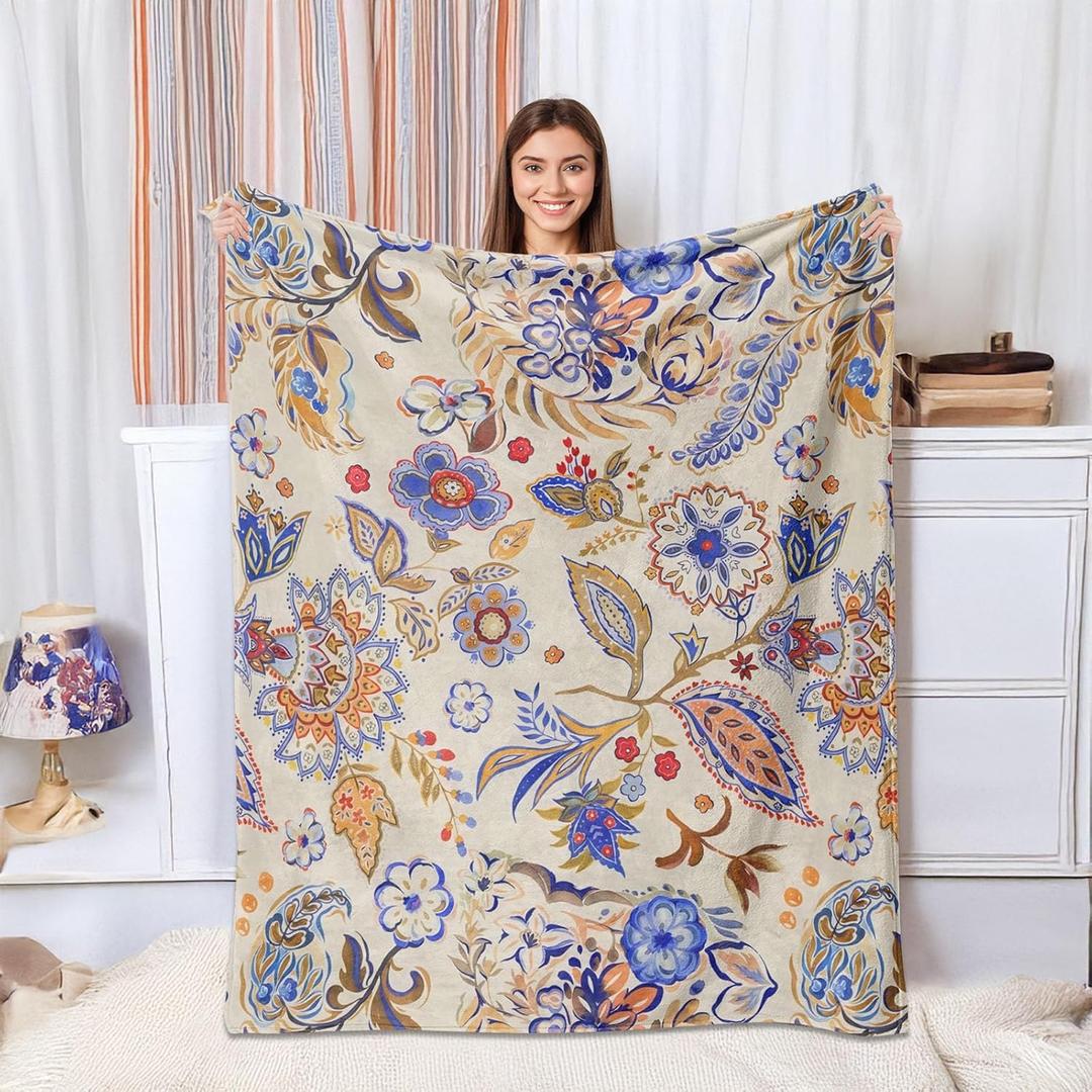 Boho Floral Throw Blanket, Bohemian Soft Cozy and Warm Couch Blankets Gift for Flower Lover, Decorative Blankets for Sofa Couch Bed, Gray Blue 5060 inches