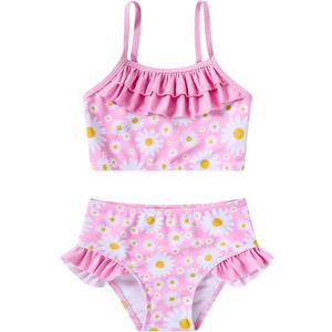 Little Girls Two Piece Mermaid Bikini Set Ruffle Adjustable Summer Beach Bathing Swimsuit 3-7 Years for Kids (Daisy Floral)