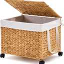 Laundry Hamper with Lid and Wheels Handwoven Water Hyacinth Laundry Basket with Removable Liner Bags & Anti-Slip Pads, Includes 2 Mesh Bags Rolling Laundry Hamper (Natural, 60L)