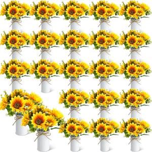 SiliFine 24 Sets Sunflowers Centerpieces for Tables Artificial Sunflower with Vase Rustic Yellow Fake Flower for Wedding Decor Spring Summer Picnic Centerpieces Home Kitchen Shelf Decor (White)