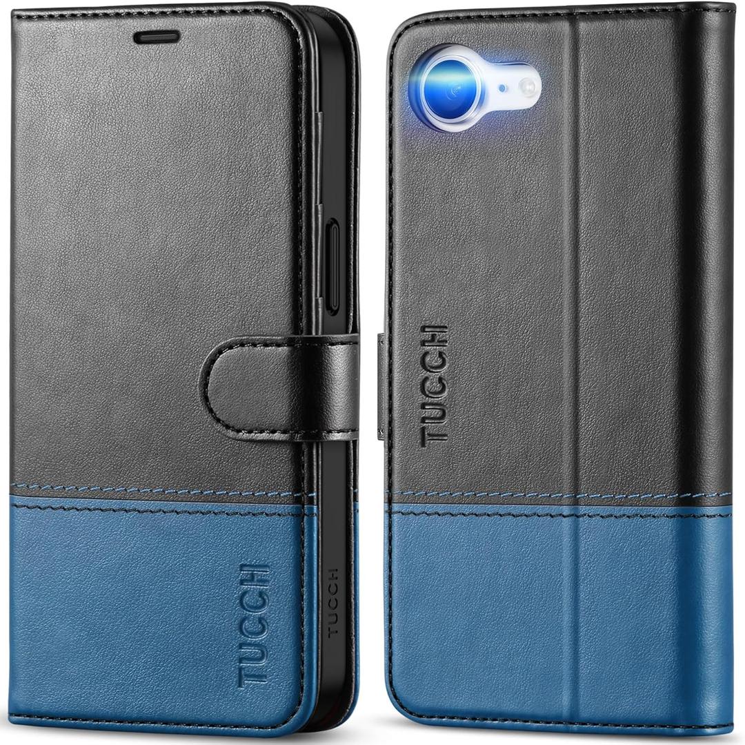 TUCCH Case Wallet for iPhone 16e 6.1", [RFID Blocking] [4 Card Holders] Stand Magnetic Closure Protective [TPU Inner Shell], PU Leather Cover Compatible with iPhone 16e, Black&Light Blue