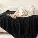 NEWCOSPLAY Super Soft Throw Blanket Black Premium Silky Flannel Fleece 3D Ribbed Jacquard Lightweight Bed Blanket All Season Use (Black Ribbed, Throw(50"x60"))