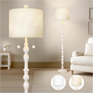 Scenekoy 65.5 Natural Real Wood Floor Lamp for Living Room Bedroom, Dual S Cluster Socket, Pull Chains Switch, Farmhouse Tall Standing Lamp with Linen Shade for Home Room Decor (Bulbs Included)