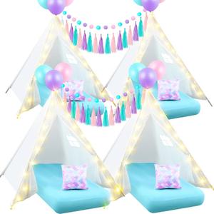 Windyun 4 Pack Mermaid Teepee Tent for Kids with Inflatable Airbed, String Light Fitted Sheet Mermaid Pillow Washable Toddler Indoor Play Tent for Girls Boys Sleepover Slumber Party