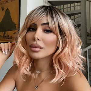 NOBLE Pink Orange Wig for Women Peach Wig with Bangs Ombre Bob Curly Wigs with Air Bangs Synthetic Short Wavy Wigs with Bangs Heat Resistant Synthetic Daily Party Cosplay Costume Wigs (12 Inch (Pack of 1))