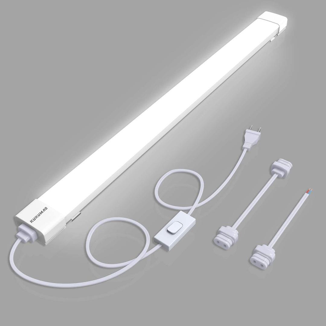 KUKUMAO Utility LED Shop Lights Fixture with Plug 4FT 5000K 36W 3600LM Linkable Waterproof Closet Light Under Cabinet Light Ceiling Tube Light for Garage Kitchen Bathroom Workbench and Office