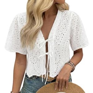 Women's Summer Vacation Eyelet Lace Blouse 100% Cotton Tie Front Short Sleeve Cropped Top, L