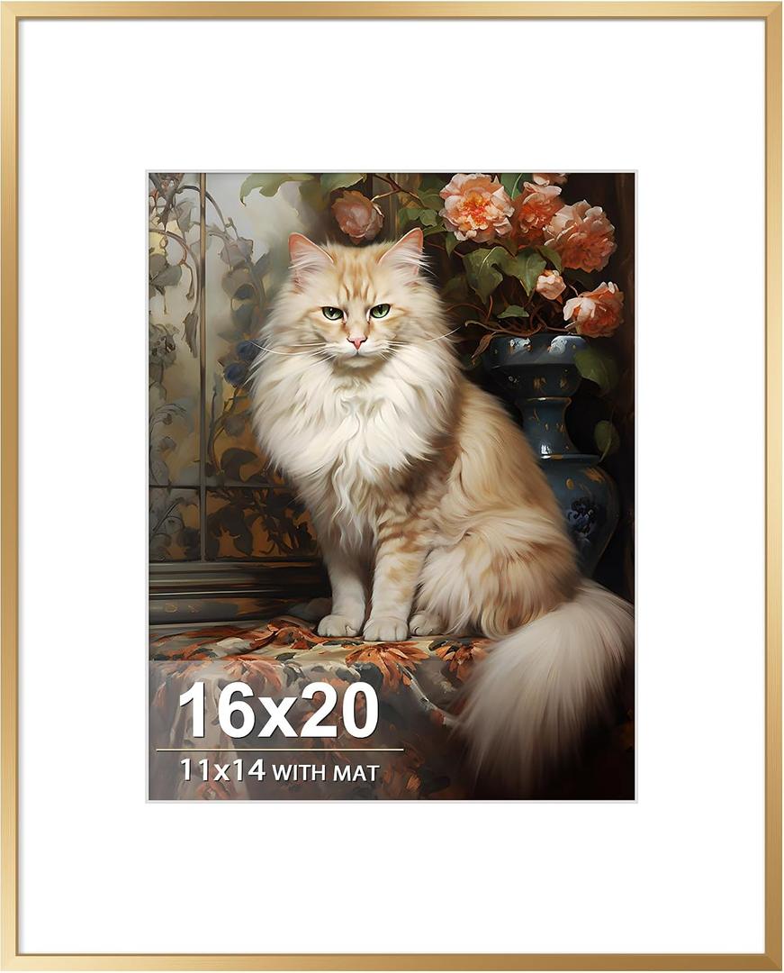 16x20 Frames Rose Gold, Aluminum Poster Frame with Real Glass, Display Photo11x14 with Mat or 16 x 20 without, Modern Metal Picture Frames for Wall, Horizontal or Vertical Wall Mounting