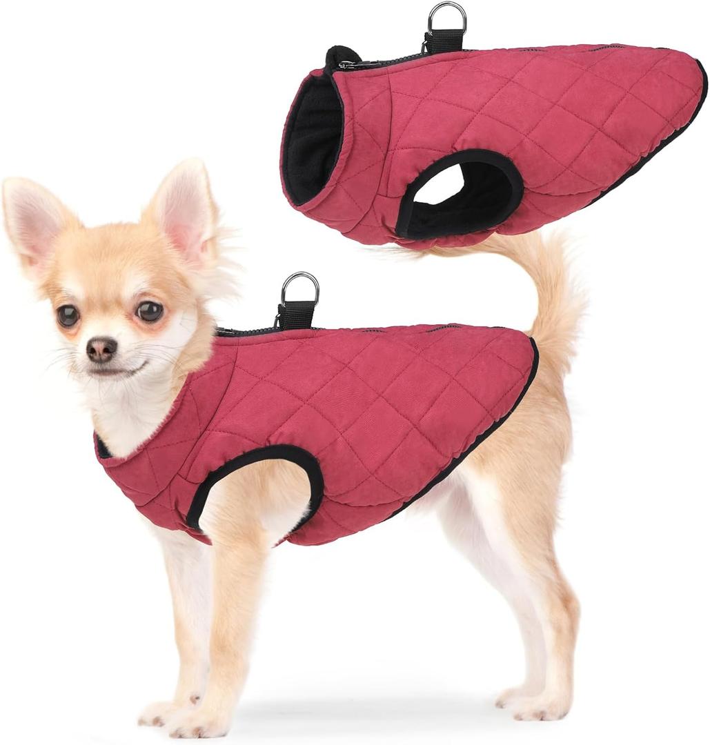 SCENEREAL Winter Vest Coat With Harness Built-In, Warm Jacket for Small Medium Dogs, Cold Weather Coat With Zipper, Fleece Puffer Vest Windproof Snow Clothes for Puppy Pet (S(Chest 14")-Regular, #1 Red - Matte)