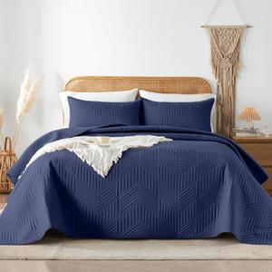 Davulos Queen Quilt Bedding Set, Navy Blue Ultrasonic Full/ Queen Quilt Set Reversible Microfiber Bedspread, Lightweight Soft Modern Geometric Coverlet Set for All Seasons(1 Quilt, 2 Pillow Shams)