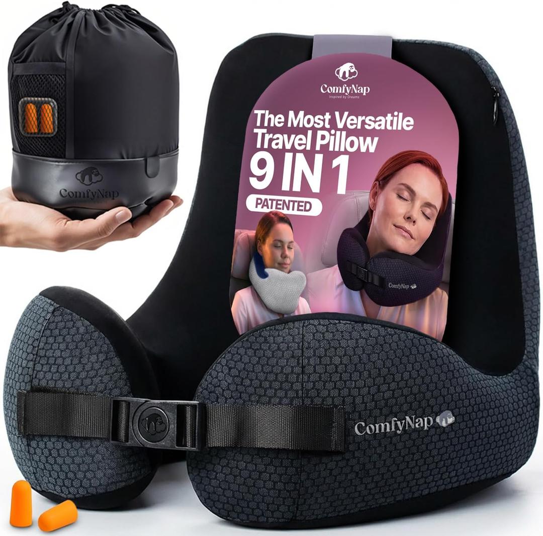 ComfyNap Versatile Travel Neck Pillow for Airplane [Patented], 9 Positions in 3 Techniques, Plane Pillow with Pure Memory Foam, Travel Pillow with HeadRest Flight Sleep, Travel Essential - Mercury