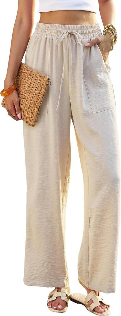 Womens Linen Wide Leg Pants Khaki, Beach Cover Up Palazzo Pant with Pocket, Summer Casual Pant for Travel Teacher (XL)