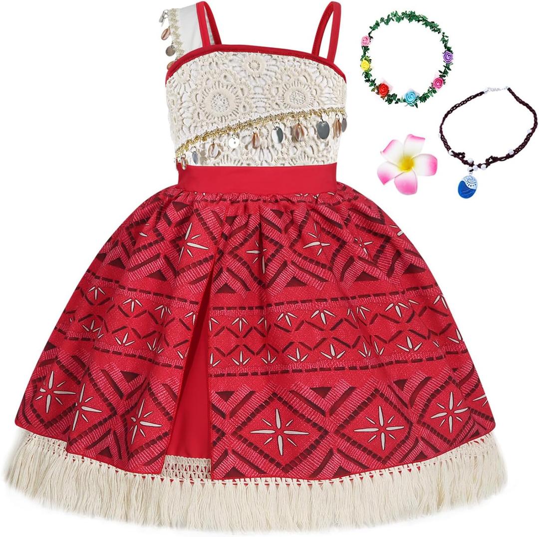 COTRIO Princess Dress for Girls Toddler Kids Outfit with Accessories Necklace Halloween Costume for Girl Dress Up Clothes (7-8 Years, Red Beige)