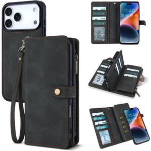 TwoHead Wallet Case Compatible with iPhone 17 Pro Max,Detachable,Magnetic,11 Cards Holder, PU Leather All-Round Protective Phone Case with Change Pocket (6.9 in,Black)