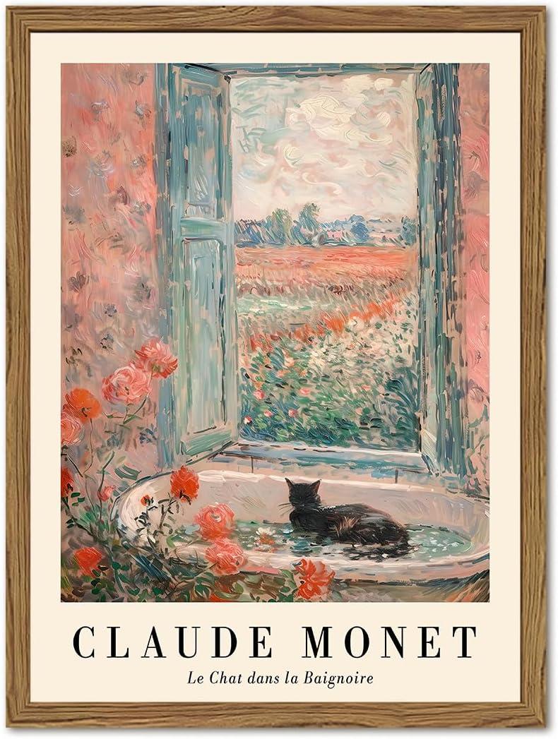 Vintage Black Cat Bathroom Wall Art Cute Cat in Bathtub Wall Decor Picture Claude Monet Animal Bathroom Canvas Painting Prints 12x16 inch Wood Framed