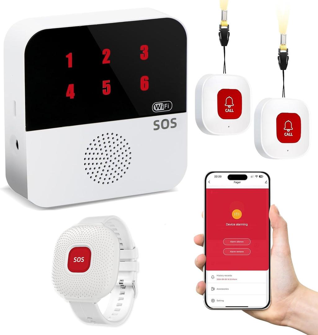 Life Alert Systems for Seniors No Monthly Fee App-Controlled, Medical Alert Systems for Seniors with 1Waterproof Wrist 2 Call Button 1 Receiver and1-6 LED Number Display (Only Supports 2.4GHz Wi-Fi)