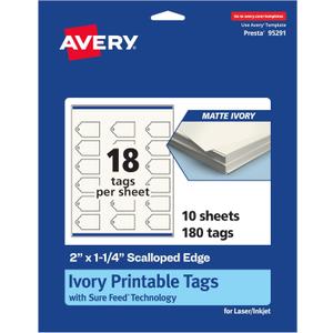 Avery Printable Rectangle Scalloped Tags, Sure Feed Technology, 2" x 1-1/4", Matte Ivory Cardstock, Print-To-The-Edge, Laser/Inkjet Printable, 180 Total, Great for Custom Gift or Branding Tags