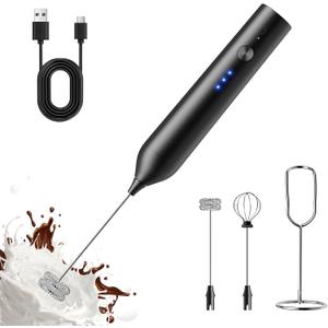 Rechargeable Milk Frother with Stand 3 Speed | Handheld Electric Whisk Stainless Steel Drink Mixer for Latte Cappuccino Hot Chocolate, Black