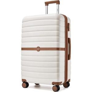 Kono Expandable 28 Inch Luggage with Spinner Wheels, Large Checked Luggage with Lock, Lightweight & Anti-Scratch PC+ABS Hardshell Travel Suitcase, White/Brown