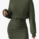 Women Casual Dress Solid Color High Neck Batwing Sleeve Fabric Dress Midi Dress , Size L