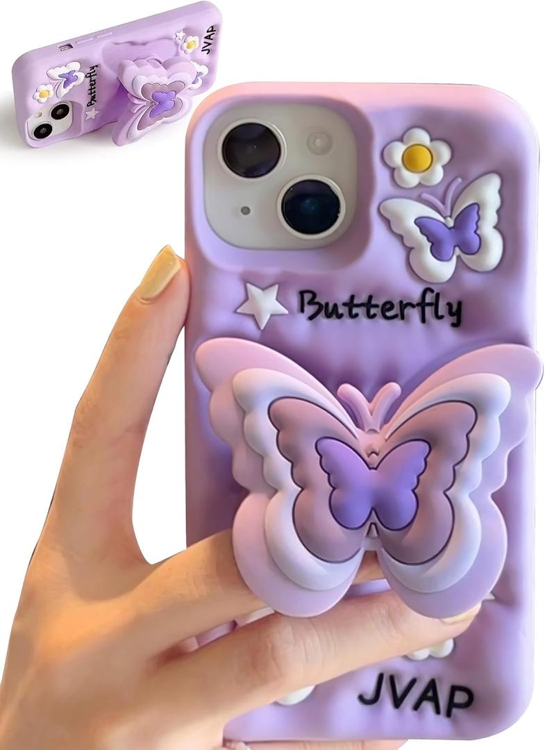 Kawaii 3D Butterfly Phone Case for iPhone 15 Pro Max (with Retractable Phone Stand & Grip) Cute Girly Cartoon Soft Silicone Phone Cover for Girls, Boys, Kids, Teens, and Women, Purple