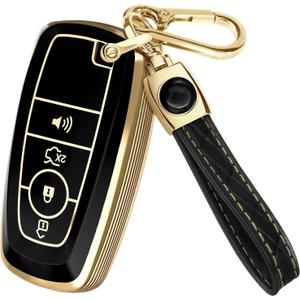 Lucrum Compatible with Ford Key Fob Cover & Leather Keychain, Keyfob Case for Bronco Explorer Edge Escape Expedition Fusion (Black)