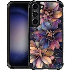 CARLOCA Compatible with Samsung Galaxy S23 Case for Girls Boys Hard Shell Shockproof Protection Non Slip for Samsung Galaxy S23 Fashion Pattern Dark Purple Gold Flowers Stained Glass