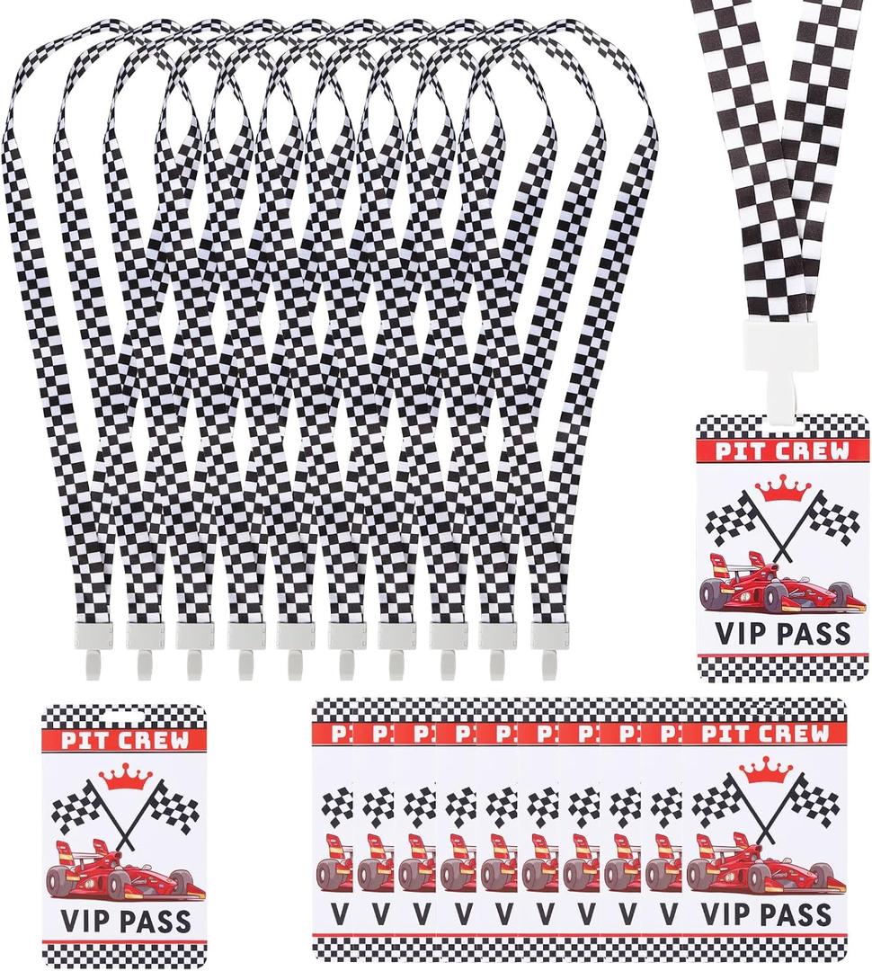 10 Sets Racing VIP Pass Cards with Checkered Lanyard Racing Lanyards Bulk PVC VIP Passes with Lanyard for Fast One Party Favors Race Car Decorations Event Gamer Race Car Theme Birthday Party