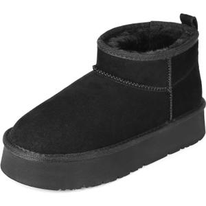OOW Ankle Platform Boots for Women Genuine Suede Short Winter Snow Boot with Cozy Lined (11 Wide, Black)