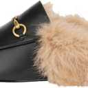 Arqa Fur Mules for Women Comfortable Leather Buckle Mule Flats Furry Padded Backless Loafers Casual Slides Shoes (Black Fur, US 11)
