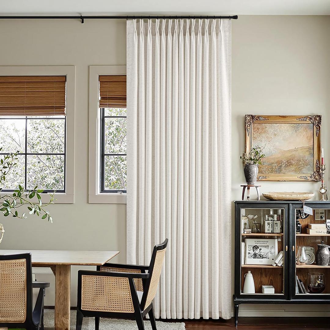 Natural Pinch Pleated Thick Linen Curtains 70 Inches Wide 2 Panels Set, Light Filtering Pinch Pleated Curtains Drapes with Hooks for Sliding Patio Door, Heavy-weight Faux Linen Memory Trained Curtain