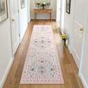 LIVEBOX Pink Floral Runner Rug 2x6 for Hallway, Washable Non Slip Soft Runner for Bedroom, Boho Accent Rug for Kitchen, Bathroom, Laundry Room
