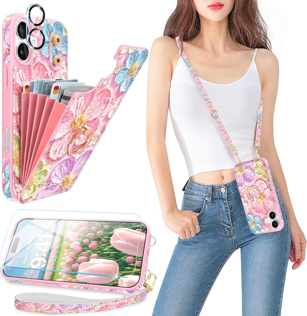 for iPhone 16 Plus Wallet Case with Card Holder, Cute 3D Oil Painting Floral Crossbody Case with Kickstand [Screen Protector+Camera Lens Protector] Flip Cover for iPhone 16 Plus, Rose Gold