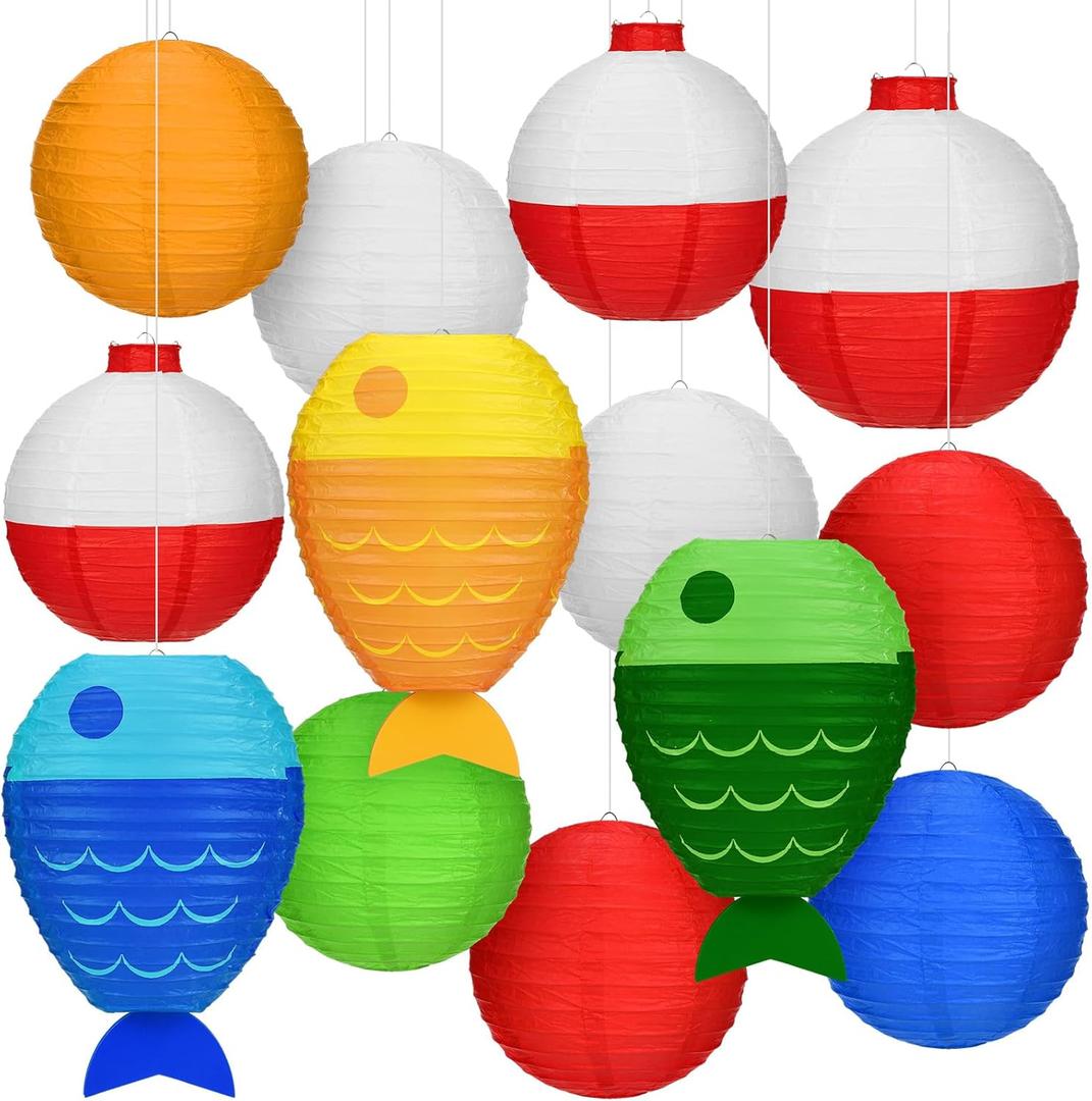 Bencailor 13 Pcs Fishing Hanging Paper Lanterns Fishing Birthday Decorations Fish Shaped Lanterns Bobber Round Paper Lanterns for Fishermen Theme Pool Party Decoration Supplies, 12 Inches, 8 Inches