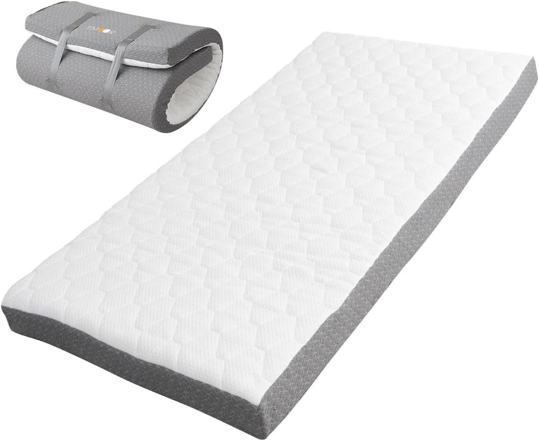 EMOOR Japanese Futon Mattress Roll-Type Relax-2 Small-Twin, High-Resilience Removable & Washable Cover Guest use Tatami Floor Sleeping Space-Saving Minimalist (Grey)