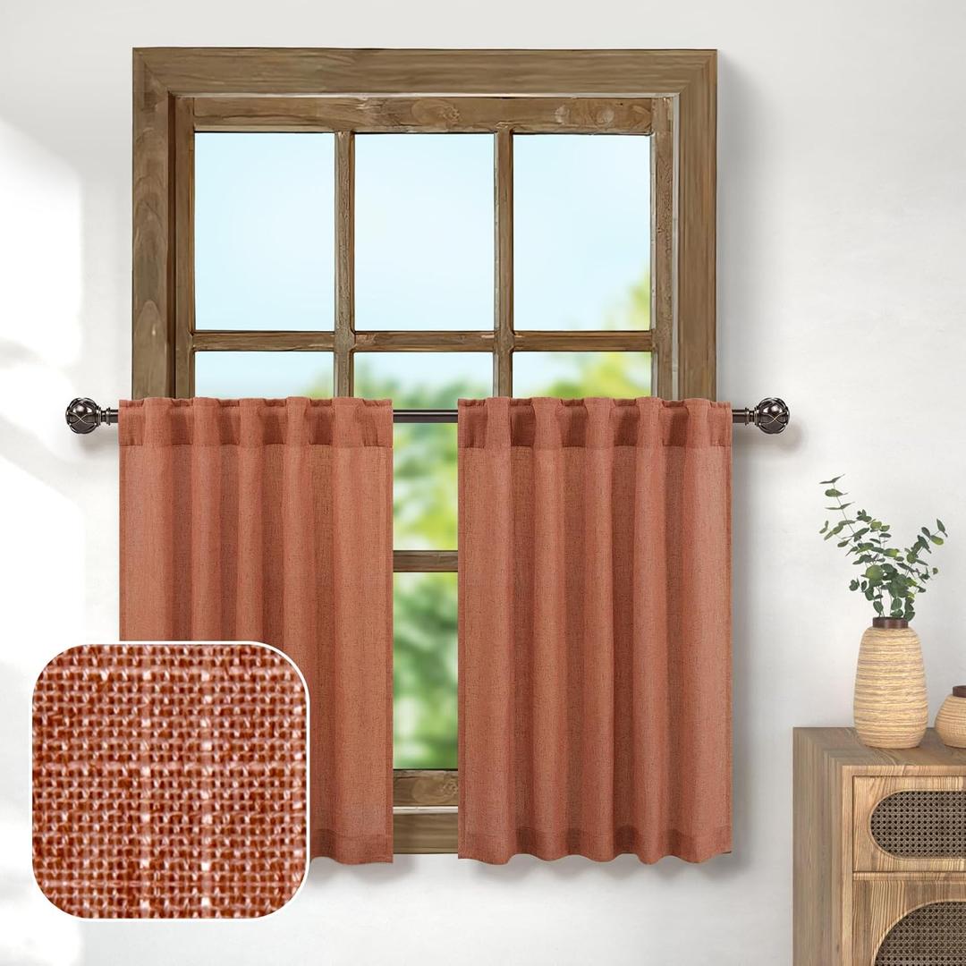 36 Inch Length Curtains Linen 2 Tier Back Tab Pocket Cafe Short Semi Sheer Terracotta Rust Colored Valance Curtains for Bathroom Small Boho Kitchen Window Sink 30 x 36 in Long Burnt Orange Terra Cotta