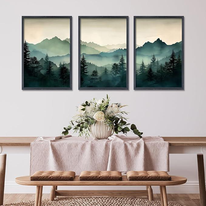 3 Piece Sage Green Mountain Wall Art 24x16 Inch Nature Landscape Forest Modren Wood Framed Sign Office Minimal Watercolor Pine Tree Pictures For Living Room Bedroom Wall Hang Decor (Black)