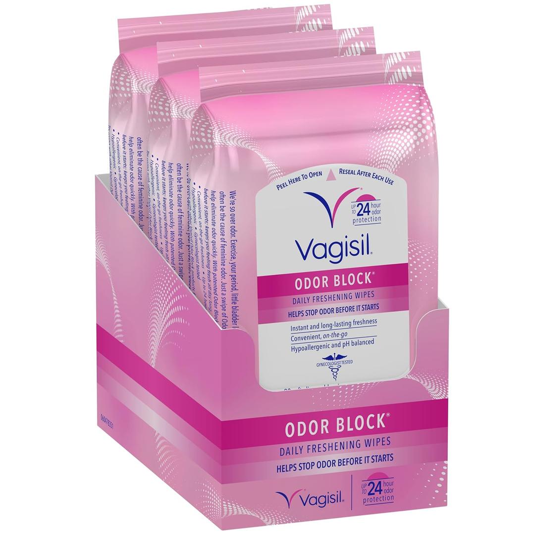 Vagisil Odor Block Daily Freshening Wipes for Feminine Hygiene in Resealable Pouch, Gynecologist Tested & Hypoallergenic, 20 Wipes (Pack of 3) 