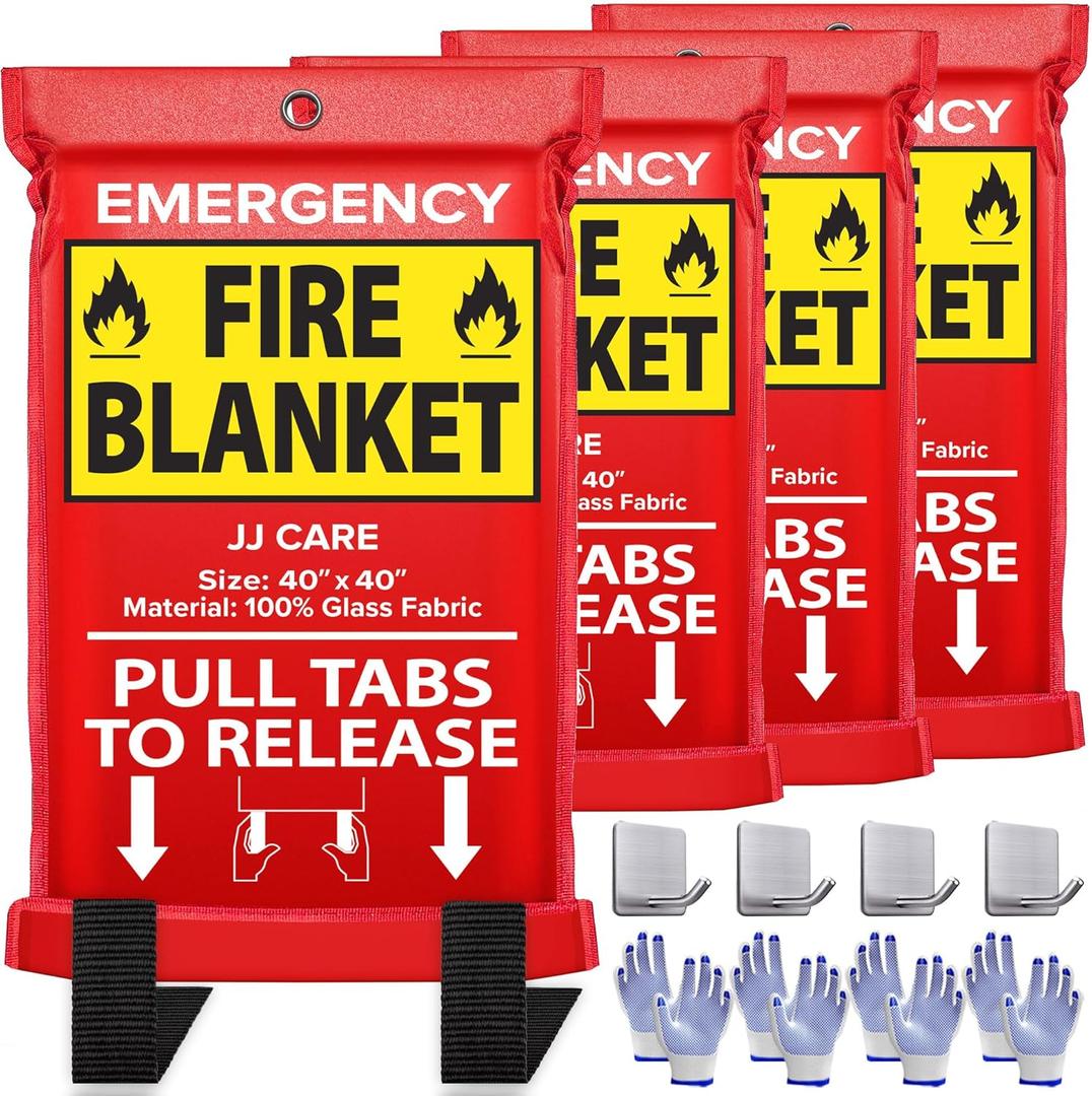 JJ CARE Fire Blanket  4 Packs with Hooks and Gloves  40 x 40 Fire Blankets Emergency for Home and Kitchen, High Heat Resistant and Flame Protection for Kitchen, Car, Office, Camping & Home Safety