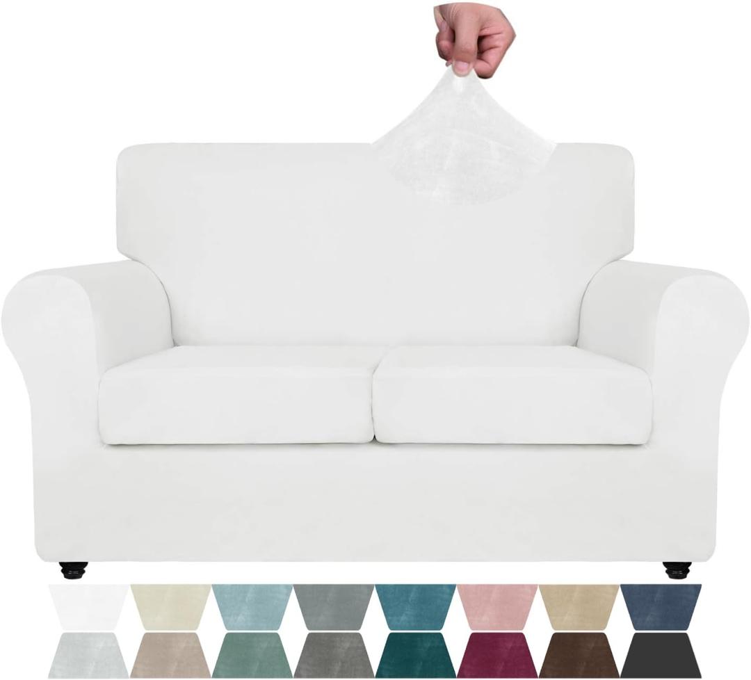 ZNSAYOTX Luxury Velvet Sofa Cover 3 Piece (57"-70") Stretch Loveseat Covers for 2 Cushion Couch Thick Soft Couch Slipcover with Non Slip Strap, Dog Pet Friendly Nice Furniture Protector (White)