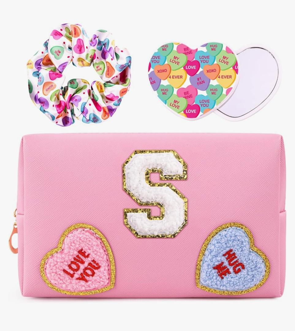 2 x Initial Makeup Bag with Mirror & Hair Scrunchies, Personalized Monogram Custom Cosmetic Bag Travel Toiletry Pouch, Birthday Gifts for Her Women Bridesmaid Teacher (S)