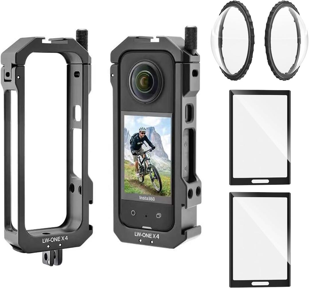 Insta 360 X4 Aluminum Frame Cage Case Bag Glass Lens Guard Set Screen Protector for Insta360 X4 X 4 Accessories Kit Anti-Scratch Metal Housing Shell Tempered Glass Protective Film Cover