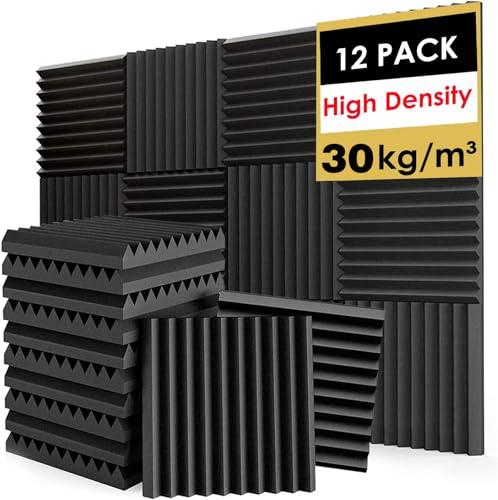 FONESO Acoustic Foam Panels, Sound Proof Foam Panels for Walls, High Desnsity Studio Soundproofing Wedges - Fire Resistant & Noise Absorbing for Studio, Office, Home (Black, 1"x12"x12" 10Pack)