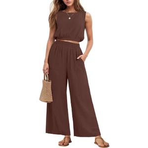 GRECERELLE Two Piece Sets for Women Sleeveless Crop Top Wide Leg Pants Sweat Set for Women Tracksuits 2026 Summer (Large, Coffee)