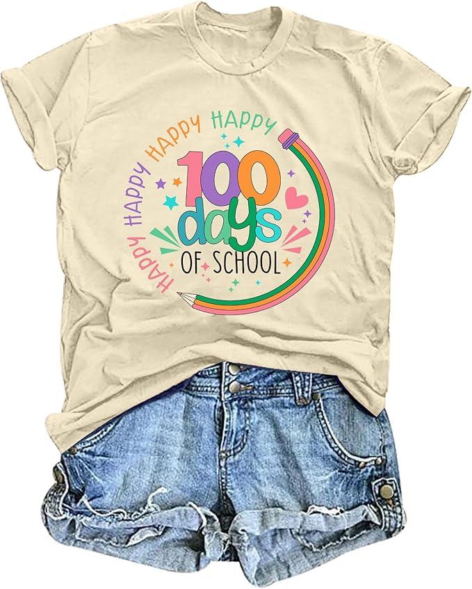 100 Days of School Shirts Women Teacher Printed T-Shirt Happy 100th Day of School Tee Tops (XX-Large)