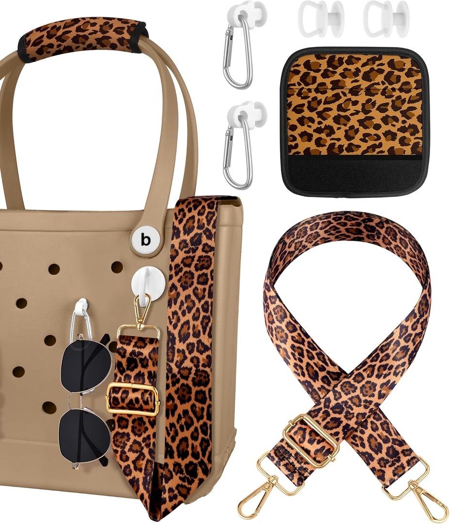 Bag Strap Crossbody Charms for Bogg Bag Accessories - Shoulder Strap Neoprene Luggage Handle Wrap for Suitcase & 2 Key Holders Brown Leopard