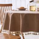 Linen Textured Round Tablecloth with Tassel - Waterproof Spill Proof Table Cover for Kitchen Dining Tabletop Decoration, Light Brown, Round - 48 inch